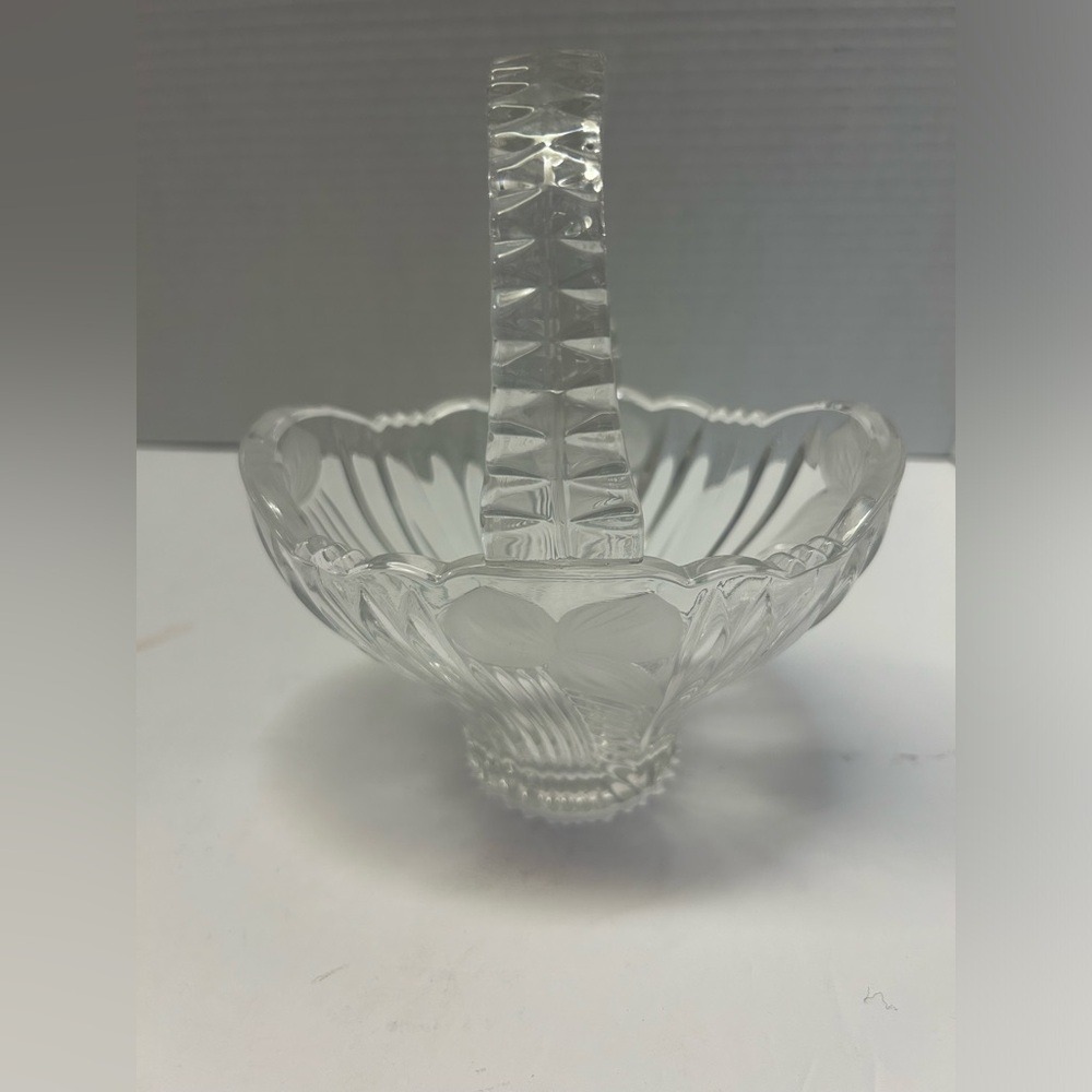 Vintage Crystal Basket with Handle Clear Glass Candy Dish Vanity Decor